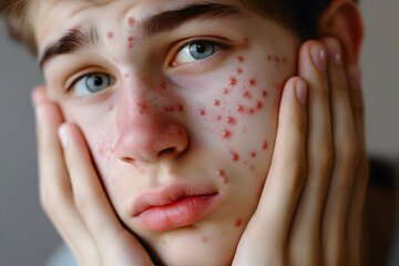 Teenage looks embarrassed and confused about the pimples that are showing up all over his face. - obrazy, fototapety, plakaty