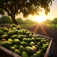 Cargo truck carrying avocado fruit in a field. Concept of agriculture, food production,...