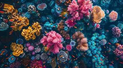Fototapeta na wymiar Vibrant Coral Reef with Colorful Fish and Floral Design