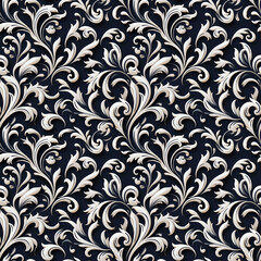 seamless pattern with leaves and branches of plants on black dark background. Repeating ornament for the decoration of fabrics and textiles