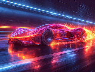 A futuristic car with neon lights drives through a city at night, creating a futuristic and dynamic scene