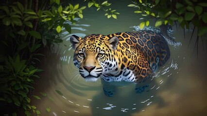 Jaguar submerged in an amazon river showcasing the jaguar's adaptability in its lush environment