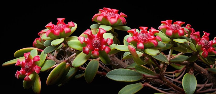 A detailed view of a Euphorbia Milii plant, also known as the Christ plant, showcasing vibrant red flowers resembling the Crown of thorns.