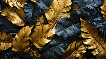Elegant blue green and gold tropical leaves design background, wallpaper, generative AI