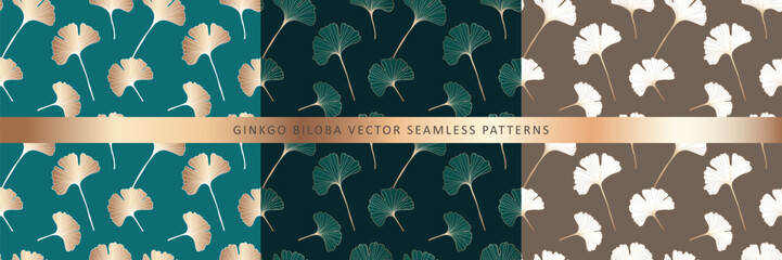 Set of vector botanical luxury seamless patterns with ginkgo biloba leaves. Patterns for textiles, packaging paper, covers, cases.