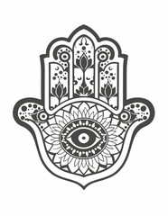  black and white graphic oriental hamsa with the eye of the prophet