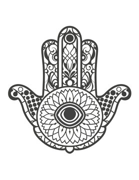  black and white graphic oriental hamsa with the eye of the prophet