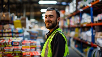 Foto op Canvas Smiling warehouse employee in high-visibility vest standing confidently amidst aisles of stocked shelves, representing efficient inventory management. © R Studio