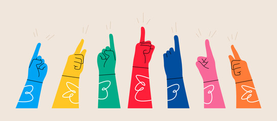 Hands up, pointing finger. Colorful vector illustration