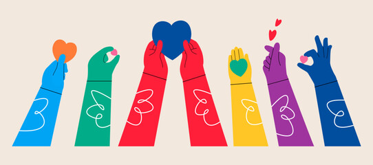 Hands up. Concept of charity and donation. Give and share your love to people. Colorful vector illustration