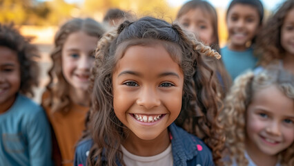 Fototapeta premium Celebrating Diversity: Cheerful Multiethnic Children Embrace Joy Outdoors