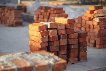 Concrete foundation with bricks for laying. Stack of red bricks on concrete foundation, process of...