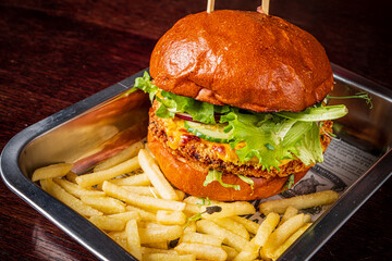 burger with french fries  and sauce