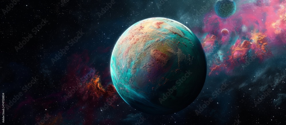 Poster mystical planet surrounded by a nebula in deep space exploration