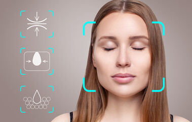 Infographic elements shows cleansing effect on beautiful female face.
