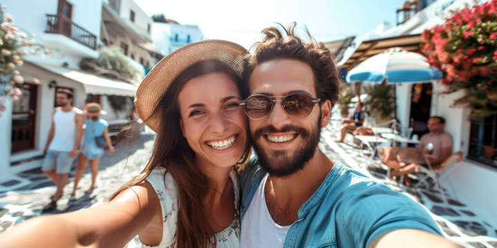 Happy smiling young tourists making selfie photo in Greece.