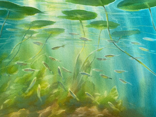 Small fish and leaves underwater watercolor background - 747129605