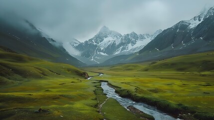 Moody River Valley Surrounded by Misty Mountains - obrazy, fototapety, plakaty