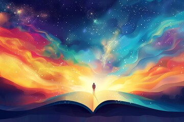 Illustration of a man standing in front of an open book with magic effect. Abstract background for World Poetry Day  - obrazy, fototapety, plakaty