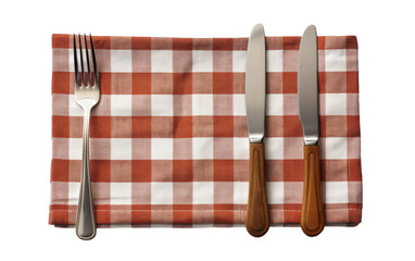 A white napkin is laid out with a silver fork and knife neatly placed on top. The utensils are ready for a meal to be served or enjoyed. Isolated on a Transparent Background PNG.