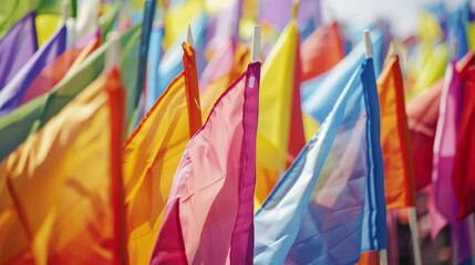 A sea of colorful flags waving at a campaign event