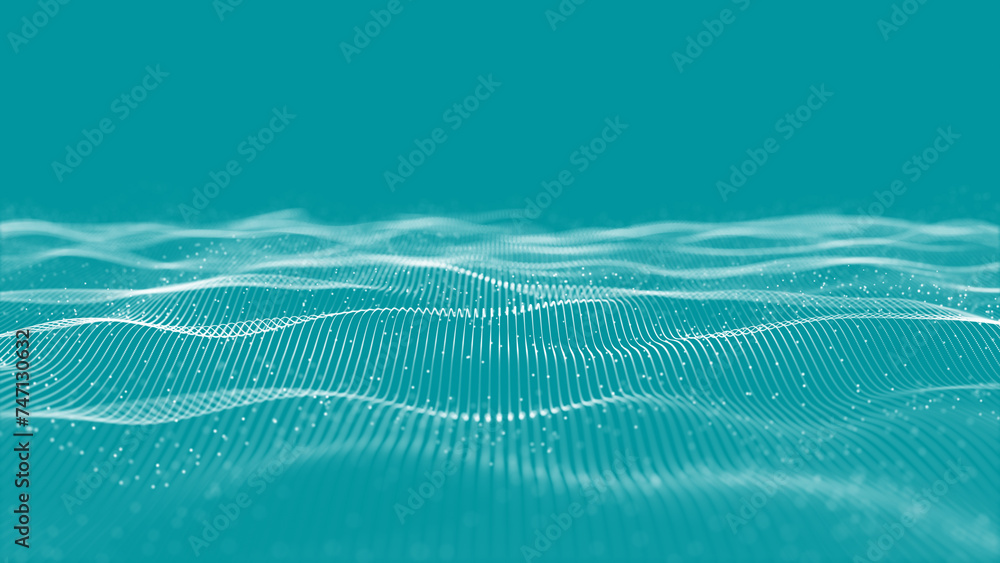 Poster abstract motion background of shining particles. digital signature with wave particles