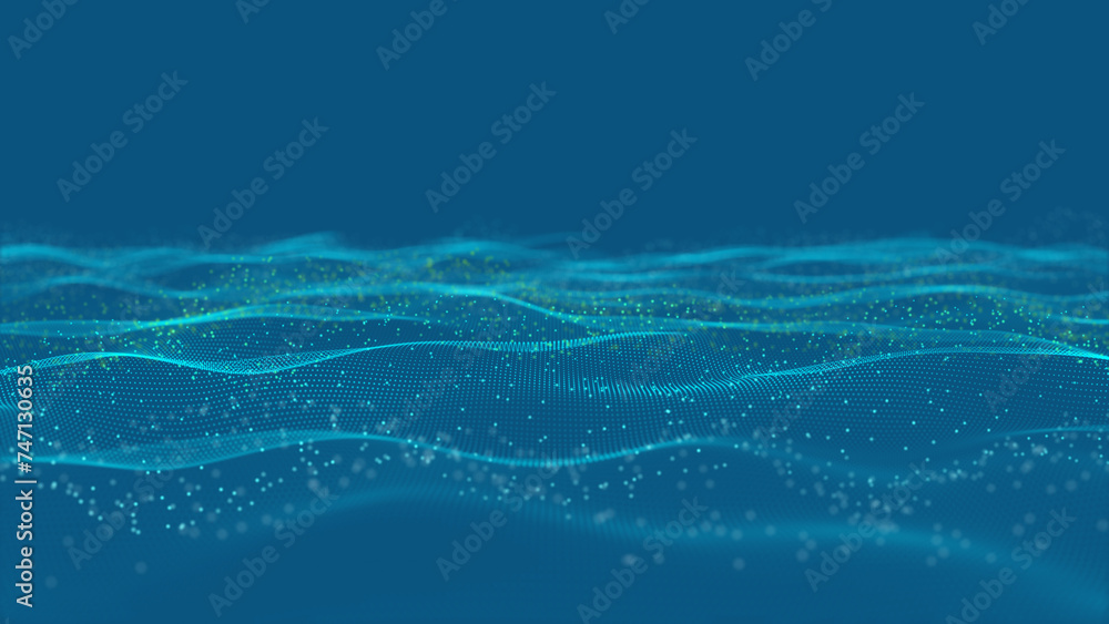Poster abstract motion background of shining particles. digital signature with wave particles