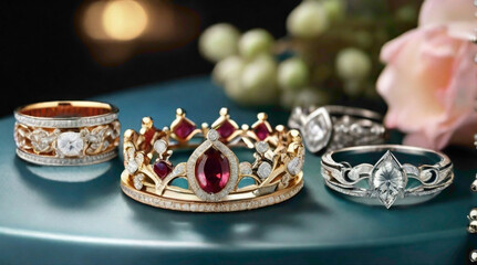 crown with colorful jewels and luxurious bangles with nicely luxurious design abstract jewels and...