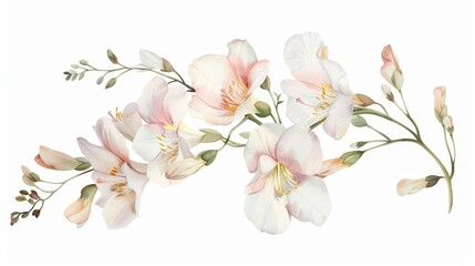 Freesia in watercolor, fragrance visualized, delicate, white background
