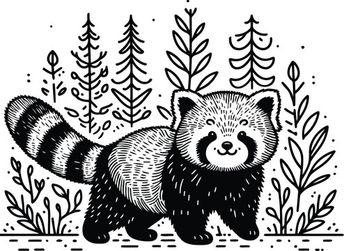 Red Panda, In Cute Animal Doodle Cartoon, Children Mascot Drawing, Outline,