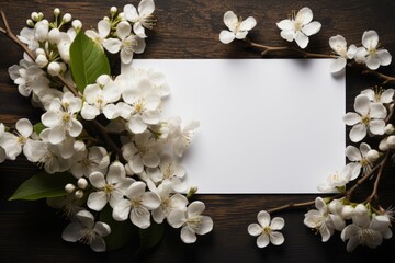 Beautiful white spring branch with flowers and mockup postcard on wooden background