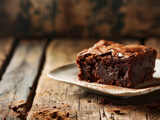 A Freshly Baked Delicious Chocolate Cake Brownie Placed on a White Plate  on a Wooden Table with Large Empty Copy Space