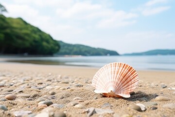 Stunning seashell washed up on the delicate sand of a dazzling beachfront setting
