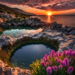 most beautiful view of sunset with sea and flowers