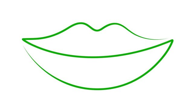Animated green lips symbol is gradually drawn. Linear icon. Single line. Concept of beauty, makeup. Looped video. Vector illustration isolated on white background.