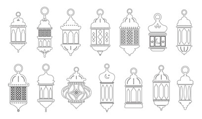 Vector Ramadan arabian islamic lanterns outline shapes set isolated on white. Vintage lamps silhouettes. Arabesque eastern style clipart
