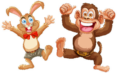 Fototapeta premium Animated rabbit and monkey celebrating with excitement.