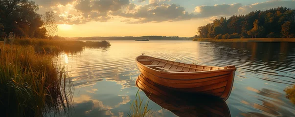 Poster Old wooden sailboat on a serene lake at sunset, depicting peace and bygone days © teerachot