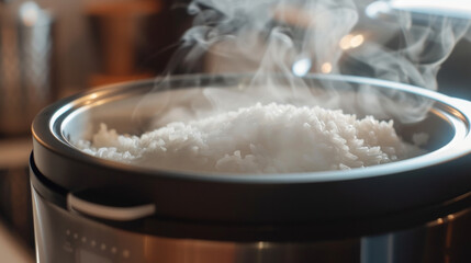 A closeup of the steam vent on the lid of a rice cooker releasing hot steam while cooking rice. - obrazy, fototapety, plakaty