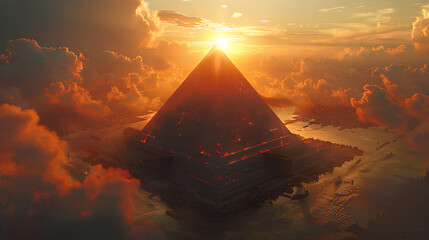 view of the great pyramid in the middle of the sunset city - obrazy, fototapety, plakaty