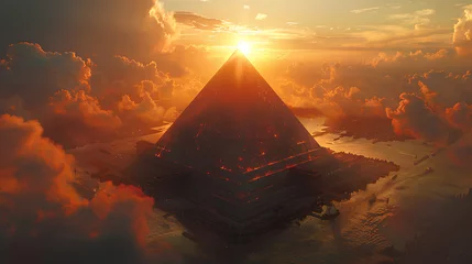 Cercles muraux Vieil immeuble view of the great pyramid in the middle of the sunset city