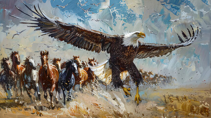A large eagle over the running herd of horses