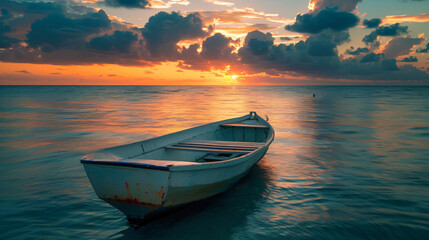 Naklejka na ściany i meble A little boat on the sea with golo light of suns
