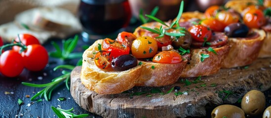 A close up of a sandwich with tomatoes and olives on a wooden cutting board, showcasing fresh plant-based ingredients for a delicious dish.