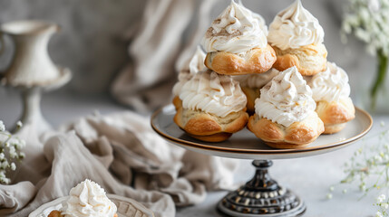 Fototapeta na wymiar Profiterole Fresh and Sweet Cream Pastry Puffs. A traditional French sweet choux dough puff filled with cream on a white vintage plate. Blossom in background. Wedding style banner with copy space.