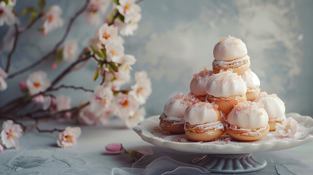 Profiterole Fresh and Sweet Cream Pastry Puffs. A traditional French sweet choux dough puff filled with cream on a white vintage plate. Blossom in background. Wedding style banner with copy space.