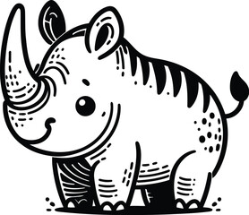 Fototapeta premium rhino in cute animal doodle cartoon, children mascot drawing, outline,