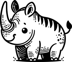 rhino in cute animal doodle cartoon, children mascot drawing, outline,