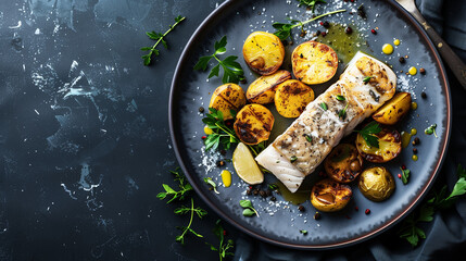 Lemon and rosemary cod loin with baked potatoes and vegetables. Baked white fish. Fried haddock and potato medallions on dark grey background. Foodie banner with copy space. - obrazy, fototapety, plakaty