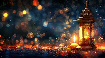 Beautiful Arabic lantern with golden bokeh lights and a burning candle that glows at night. Festive greeting card and invitation for Ramadan Kareem, the Muslim holy month. dimly lit scene